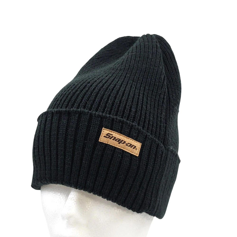 Snap-On Tools Stocking Cap Men's Black Cuffed Beanie Hat Leather Logo